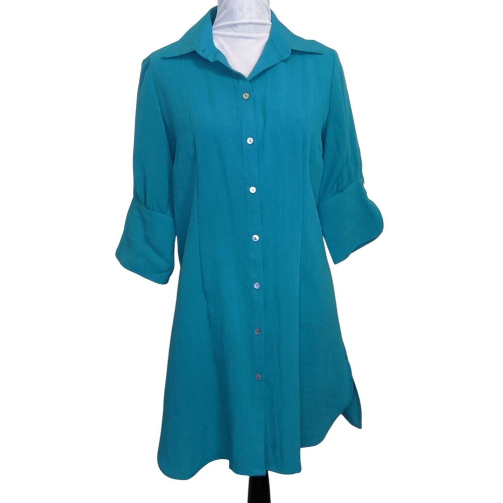Linen Short Dress Tunic Teal Button Front 3/4 Sleeve Coastal Medium